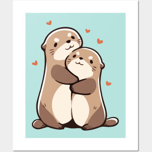 Two Cute Sea Otters Hugging - Love Posters and Art